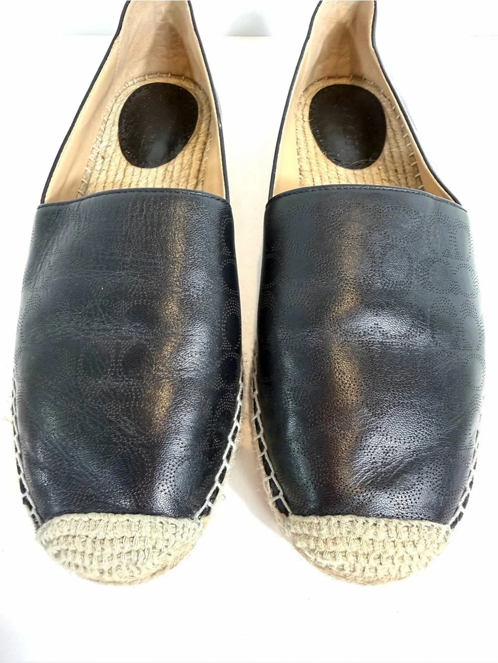 Coach Black Leather Signature Monogram Perforated Espadrille Flats Size 9